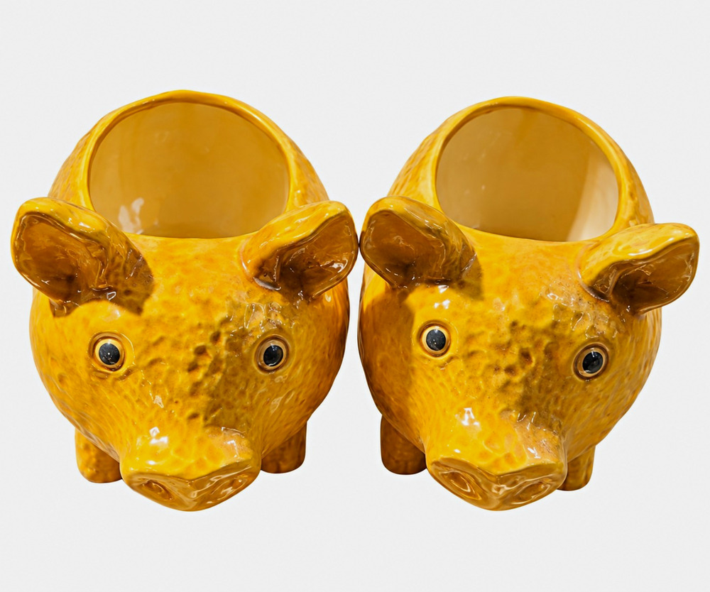 Set of 2 Yellow Ceramic Pig Planters, Glazed Animal Theme for Plants 8in x 5 1/2